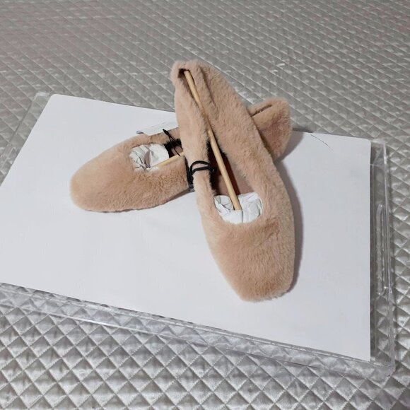 NWT Zara light brown taupe tan faux fur low heeled ballet flats, 8 - Picture 11 of 14